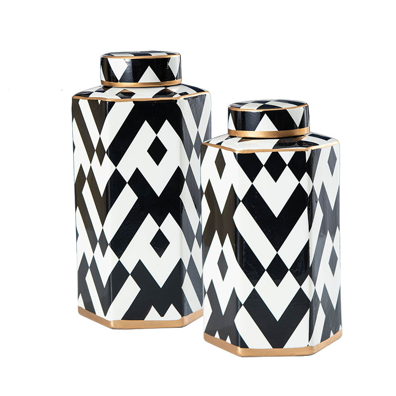 Geometric Black and White Striped Storage Jar Household Ceramic Candy Sealed Jar Vase Sundries