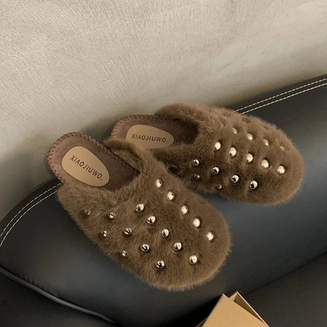 Women Flat Slipper Rivet Warm Plush Ladies Casual Slip On Mules Shoes Flat Heel Outdoor Dress Slide image 4