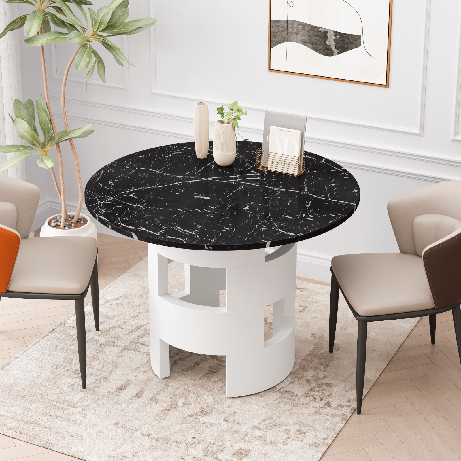 Modern Round Dining Table with Printed Black Marble Table