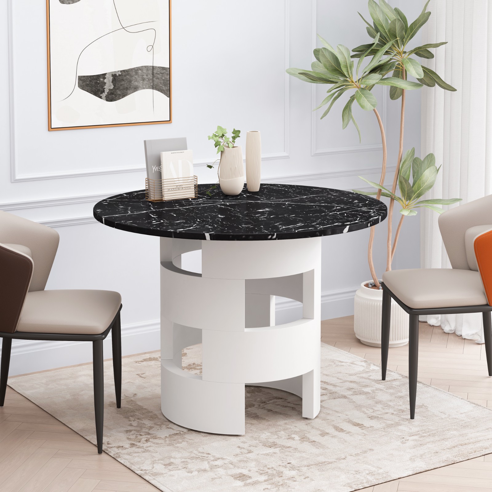 42.12"Modern Round Dining Table with Printed Black Marble Table Top for Dining Room Kitchen Living Room Black+White
