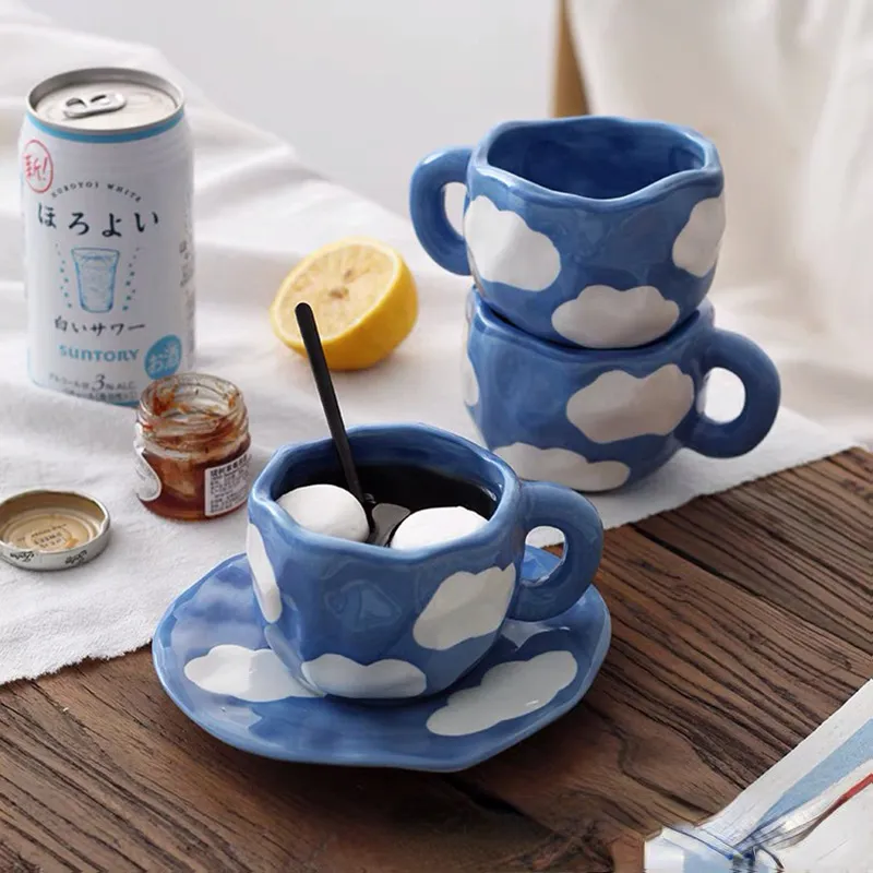 Hand Painted Blue Sky White Clouds Coffee Mug with Saucer Ceramic Handmade Tea Cup Saucer Set Lovely