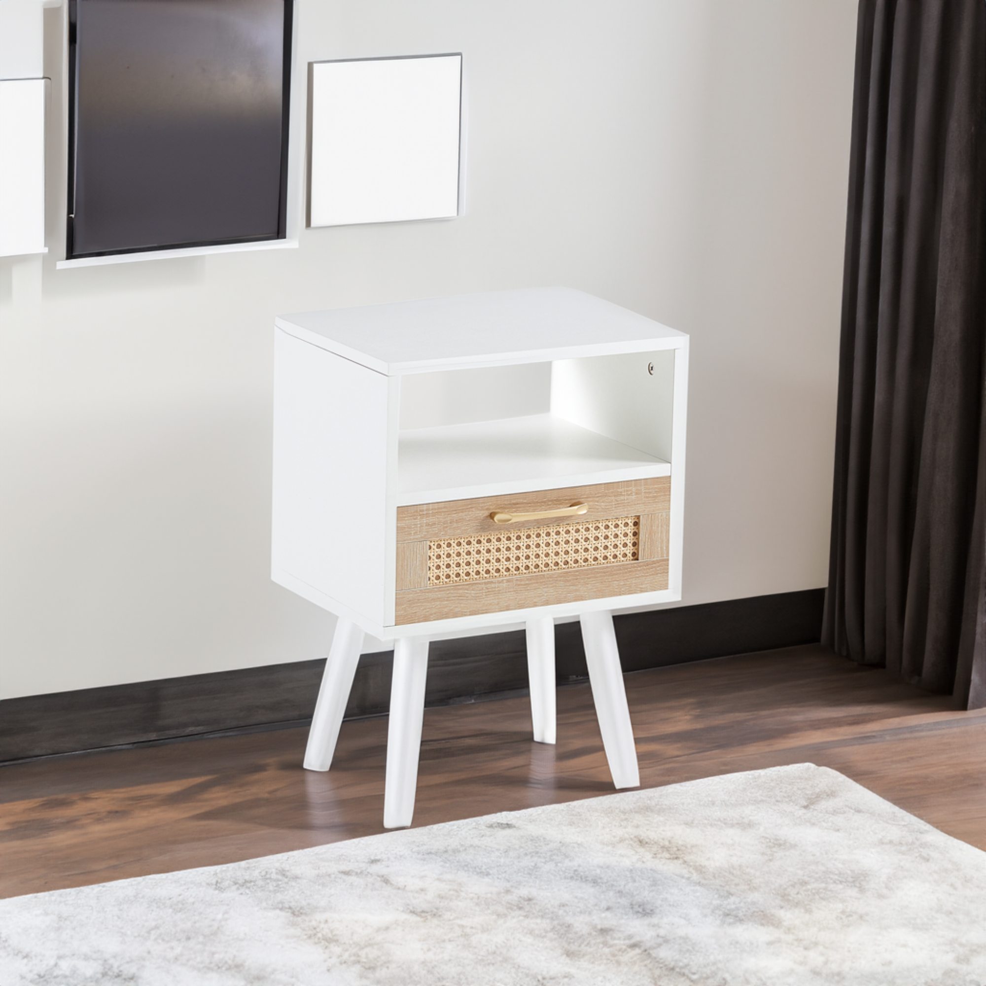15.75" Rattan End table with drawer and solid wood legs Modern nightstand side table for living room white