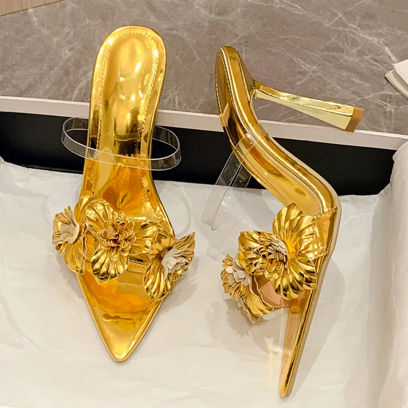 Eilyken Summer PVC Transparent Flower Sexy Pointed Toes Thin Heels Slippers Woman Dress Party Mules Slides Shoes Zapatos De Muje image 9