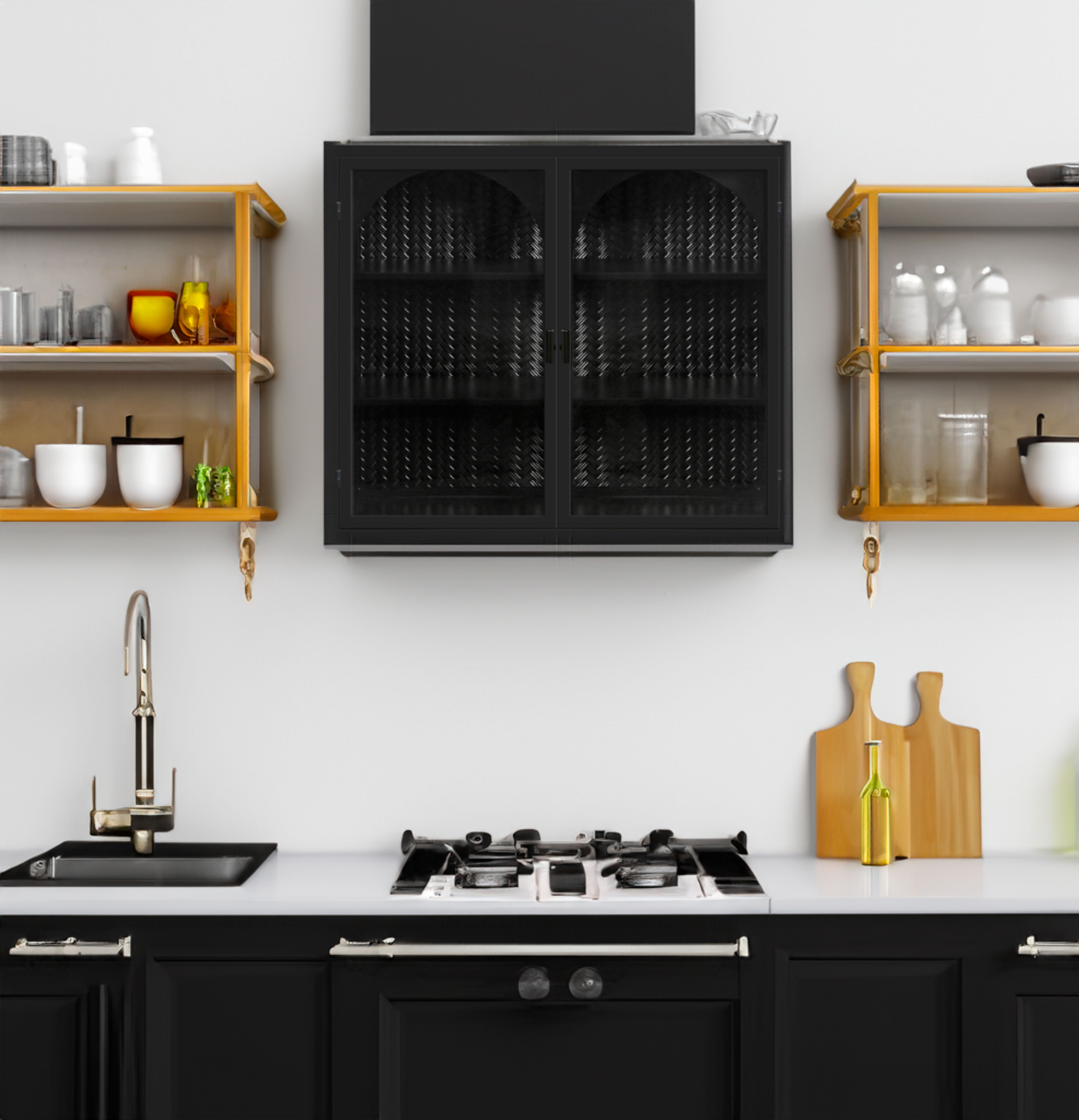 27.56"Glass Doors Modern Two-door Wall Cabinet with Featuring Three-tier Storage Black