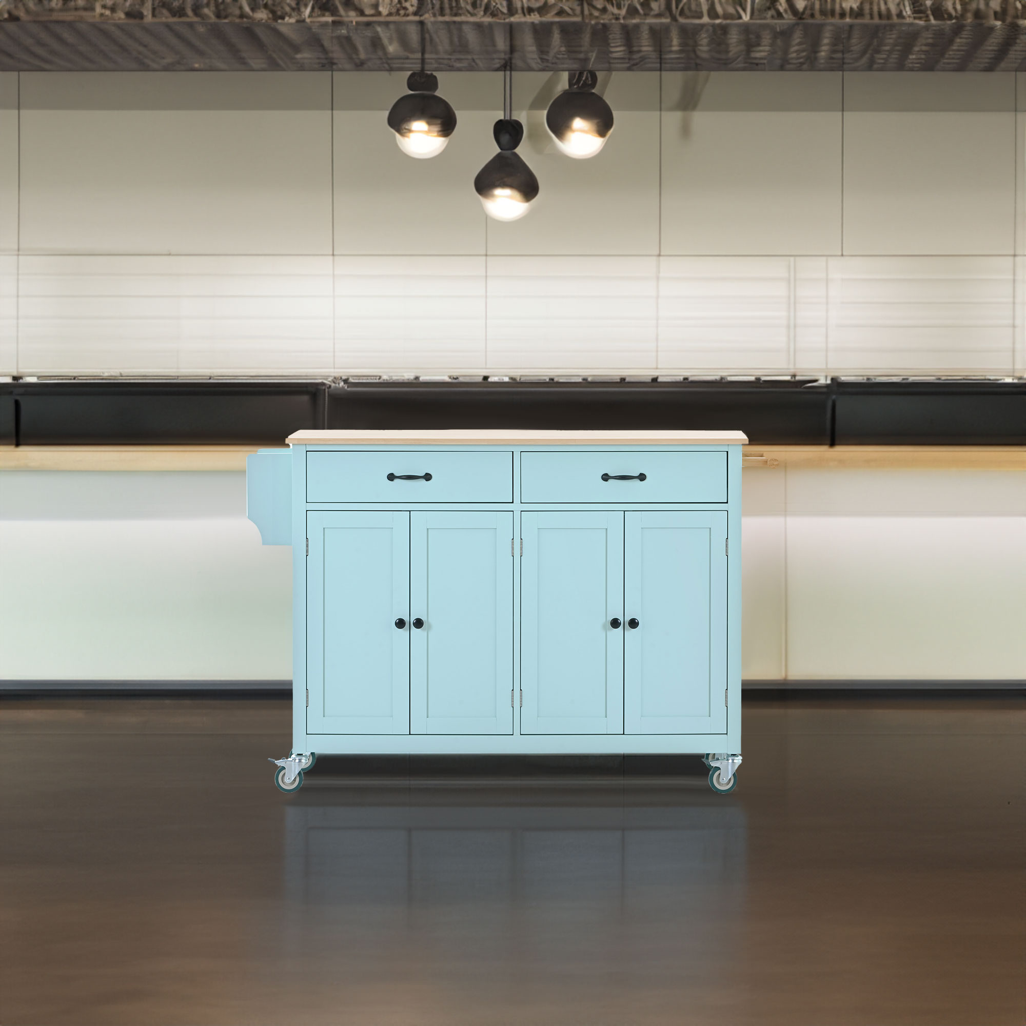 Kitchen Island Cart with 4 Door Cabinet and Two Drawers and 2 Locking Wheels - Solid Wood Top (Mint Green)