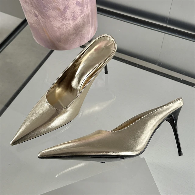 Eilyken Spring Gold Silver Pointed Toe Women Slippers Sexy Thin Heels Sandals Stripper Banquet Mule Female Shoes