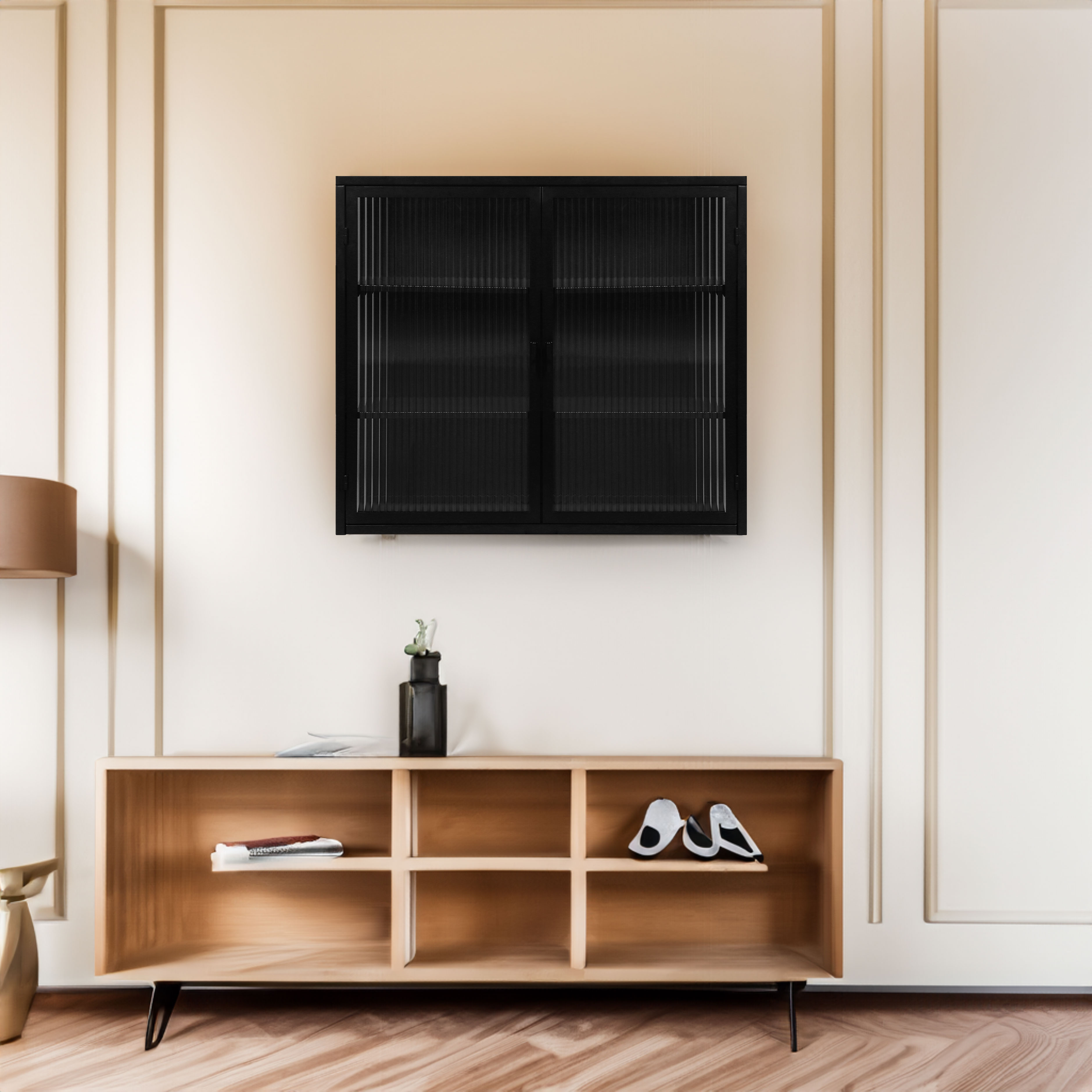 27.56"Glass Doors Modern Two-door Wall Cabinet with Featuring Three-tier Black