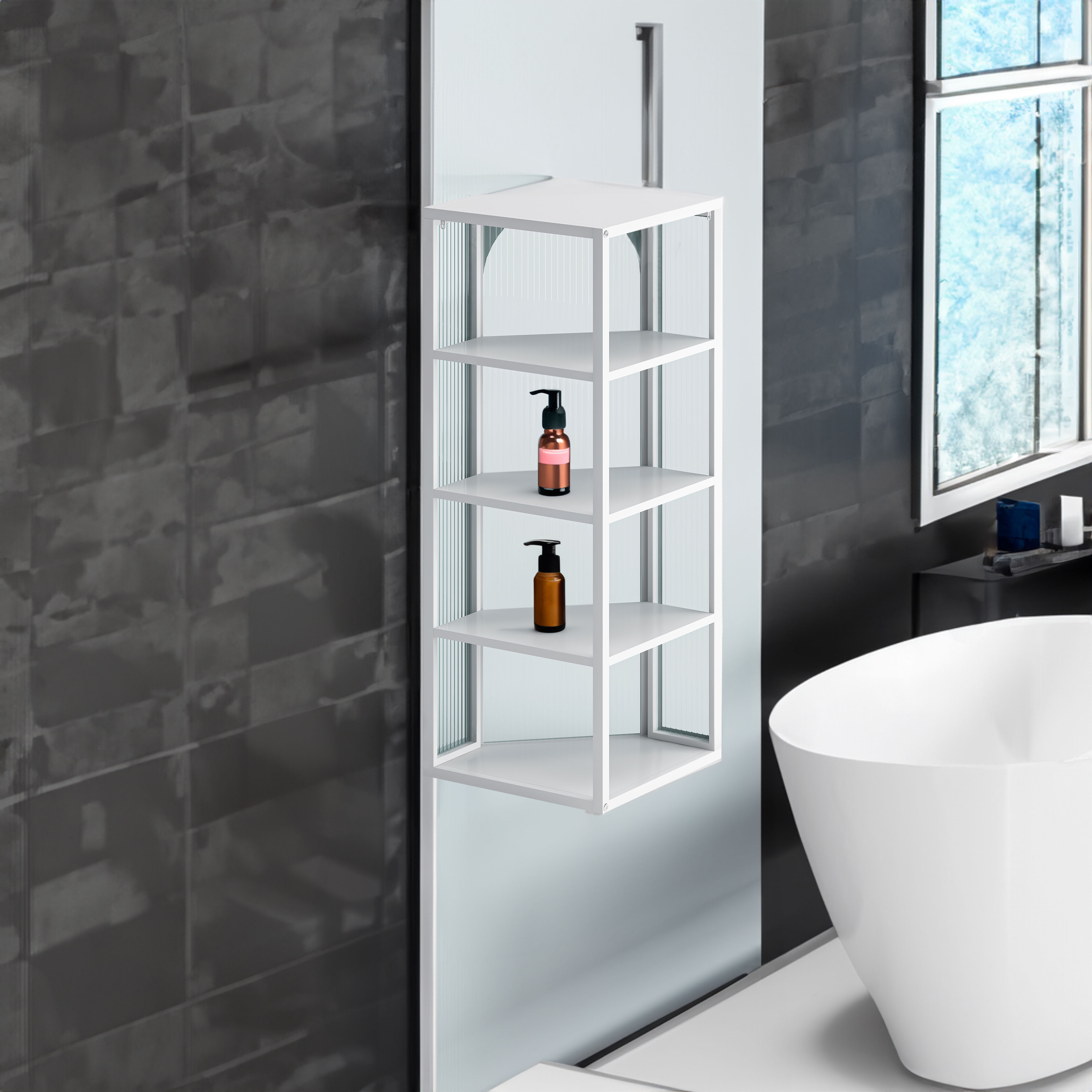 Glass Door Wall Mounted Corner Cabinet with Featuring Four-tier Storage White