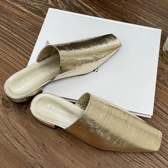 Beach Female Slides Slippers Ladies Sandals Shoes Shallow Footwear Golden Women Flats Slippers Mules 2024 Summer image 3