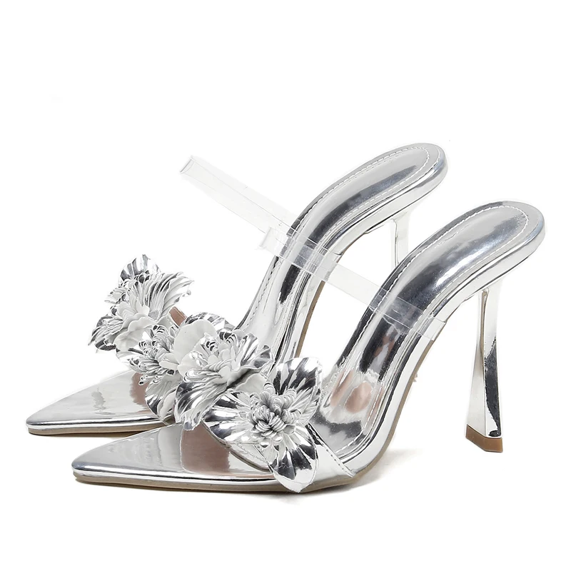 Eilyken Summer PVC Transparent Flower Sexy Pointed Toes Thin Heels Slippers Woman Dress Party Mules Slides Shoes Zapatos De Muje image 5