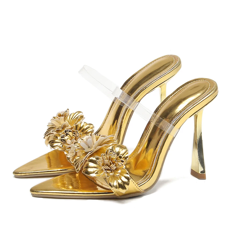 Eilyken Summer PVC Transparent Flower Sexy Pointed Toes Thin Heels Slippers Woman Dress Party Mules Slides Shoes Zapatos De Muje image 7
