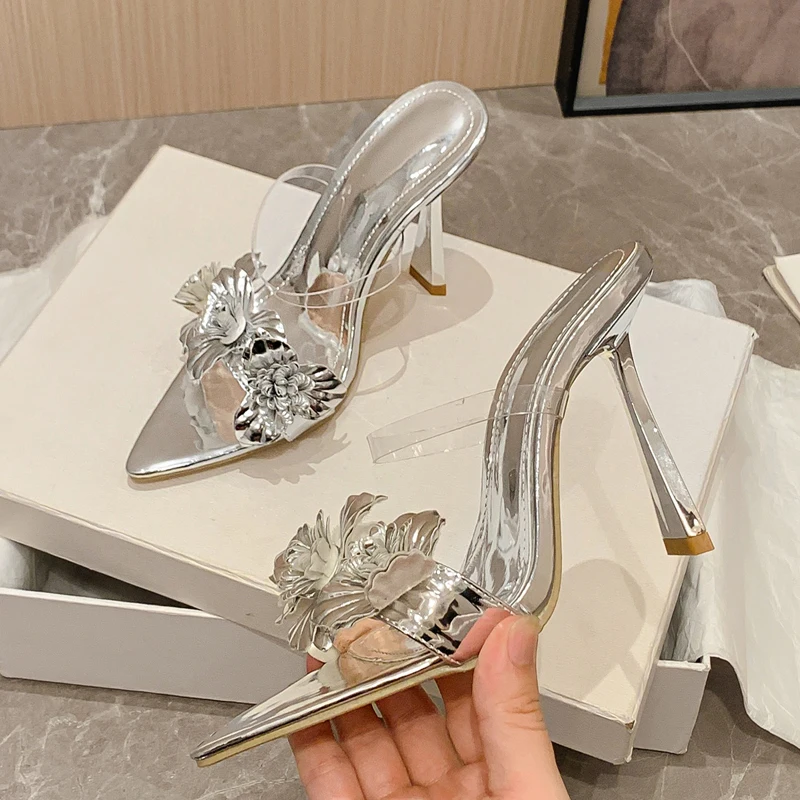 Eilyken Summer PVC Transparent Flower Sexy Pointed Toes Thin Heels Slippers Woman Dress Party Mules Slides Shoes Zapatos De Muje image 8
