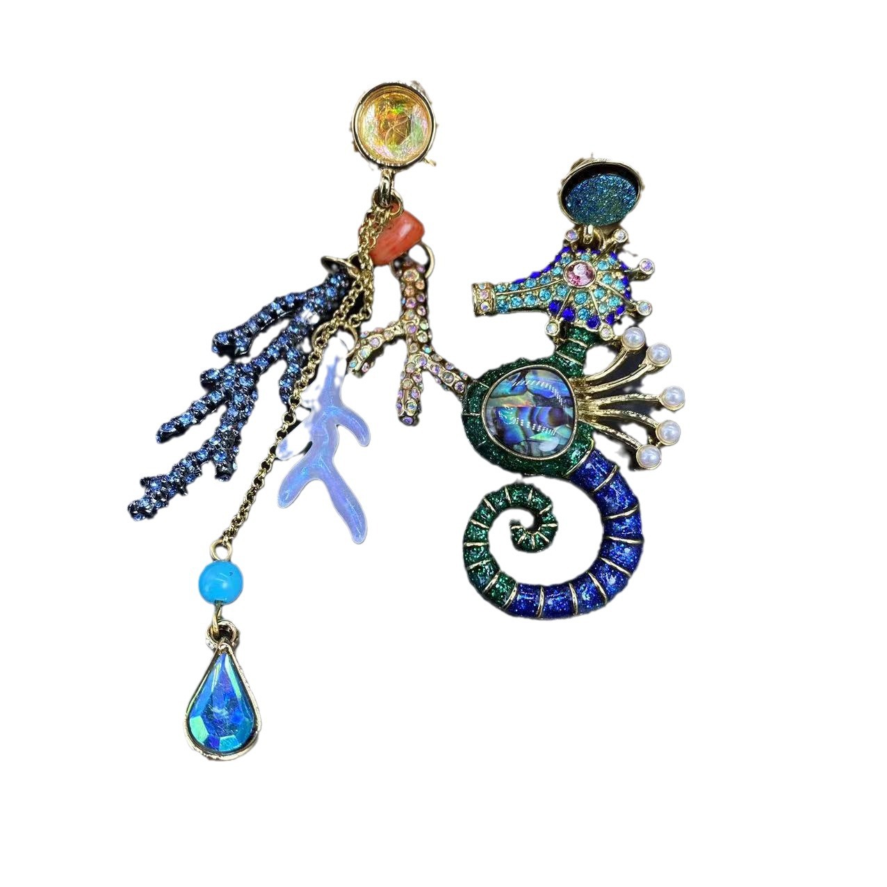 vintage Sea Coral Seahorse Earrings Handmade Vintage asymmetrical holiday earrings