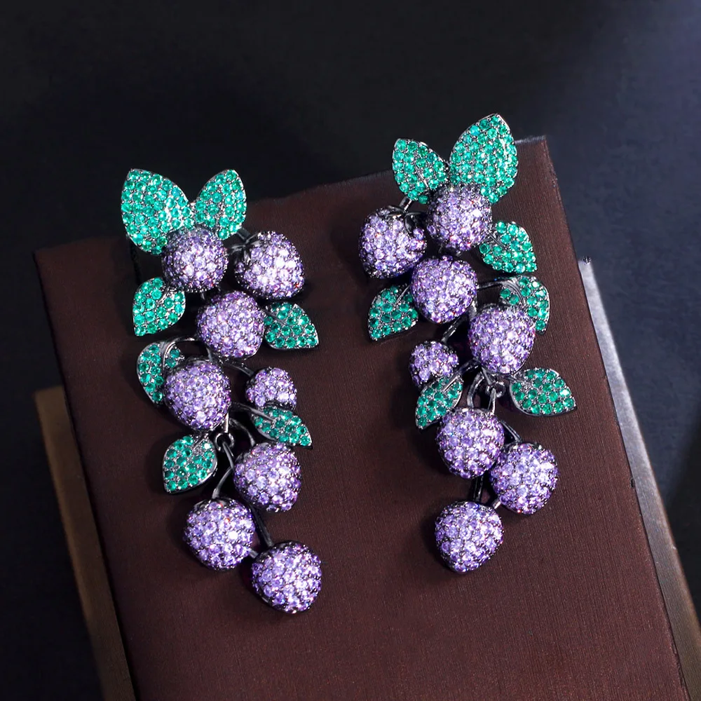 S925 Silver Needle Dark Green Petal Leaf Earrings with Micro Inlaid Colored Zircon Heavy Industry