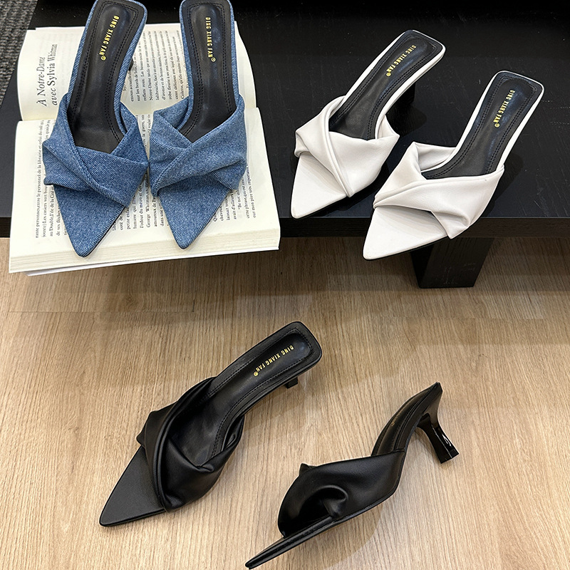 Hlieny Pointed Toe Denim Mule Slippers Woman Brand Design Kitten Heel Sandals Ladies Elegant Shallow Dress Slide Shoes