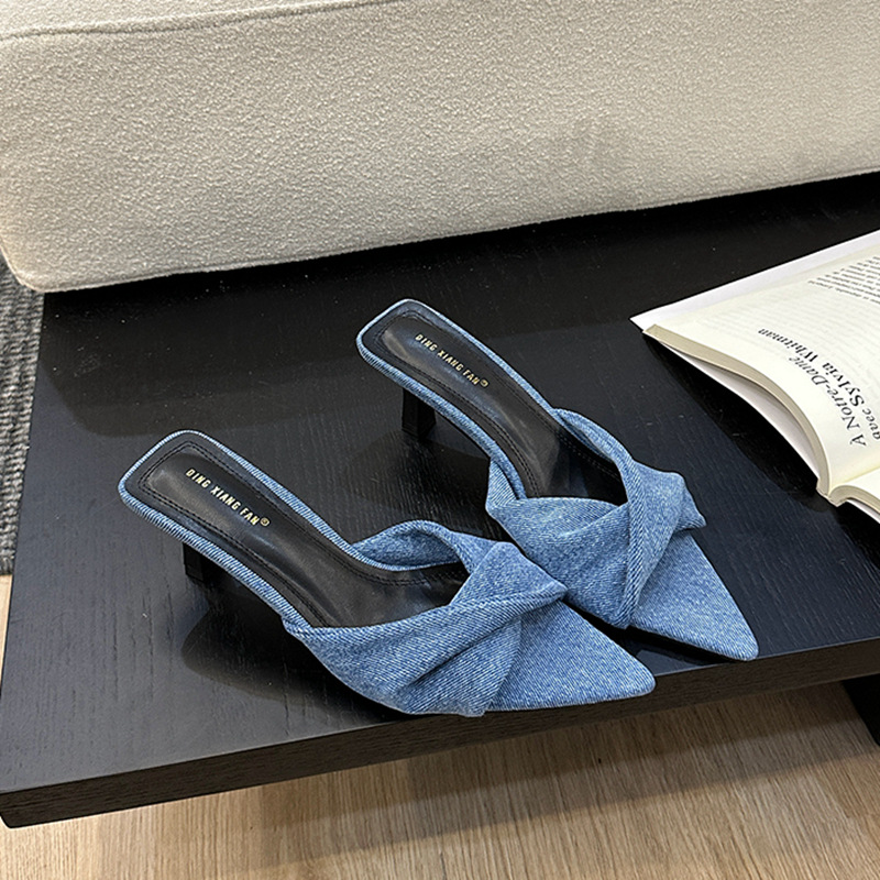 Hlieny Pointed Toe Denim Mule Slippers Woman Brand Design Kitten Heel Sandals Ladies Elegant Shallow Dress Slide Shoes image 4