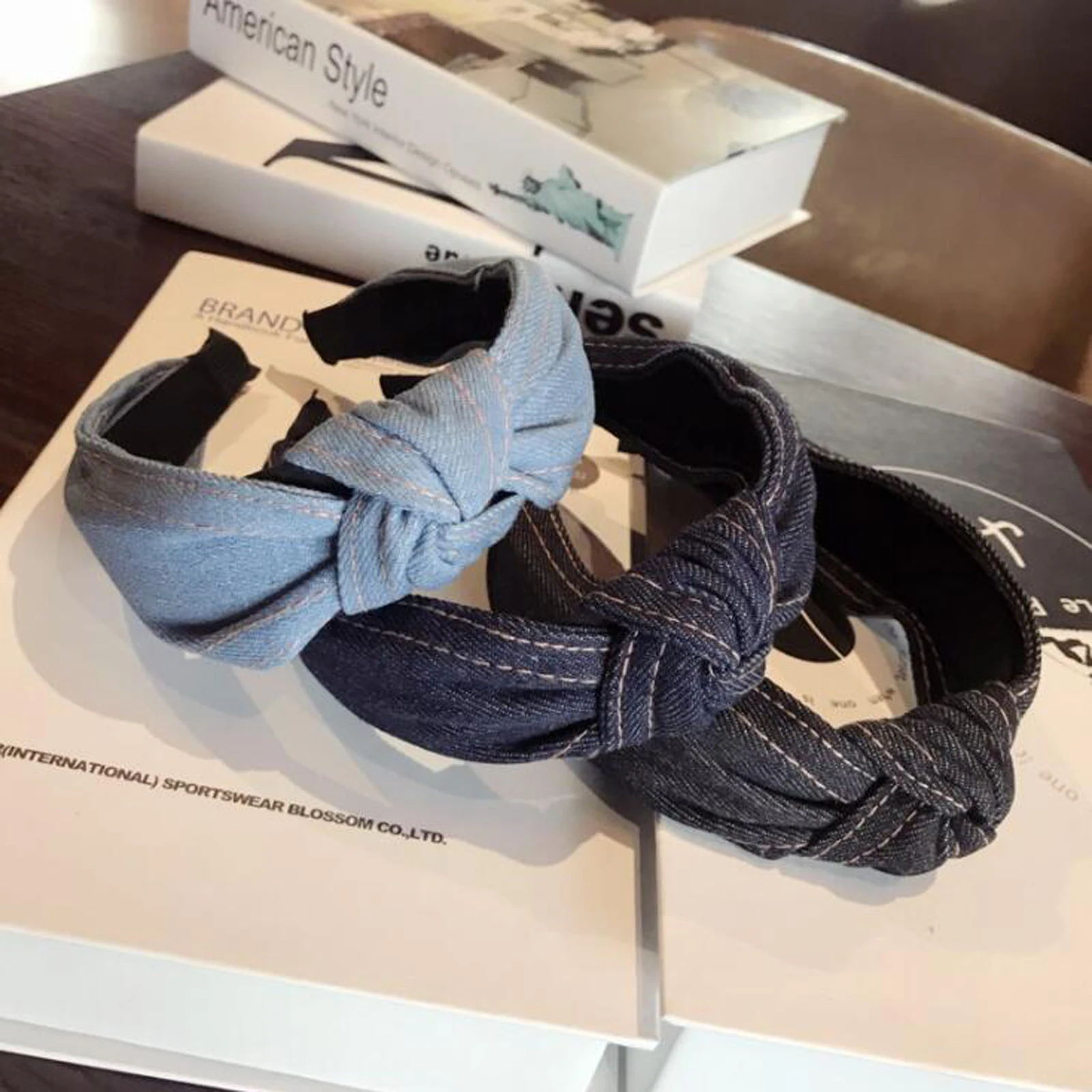 Denim headbands showing woven fabric and color options
