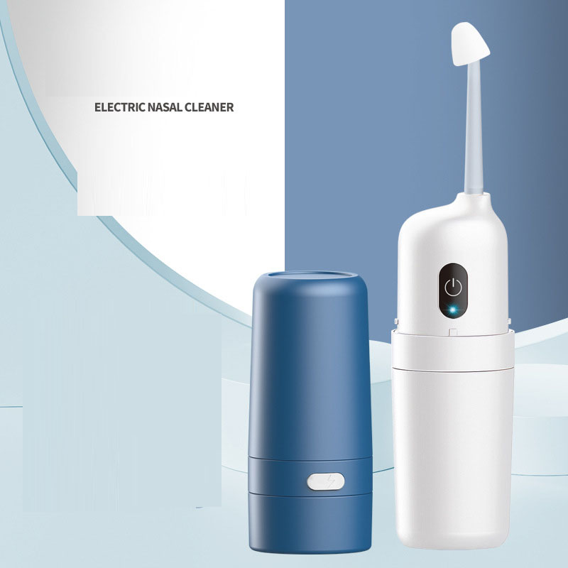 Product packaging with bold 'ELECTRIC NASAL CLEANER' text against a blue-white geometric background, representing the solution in hand