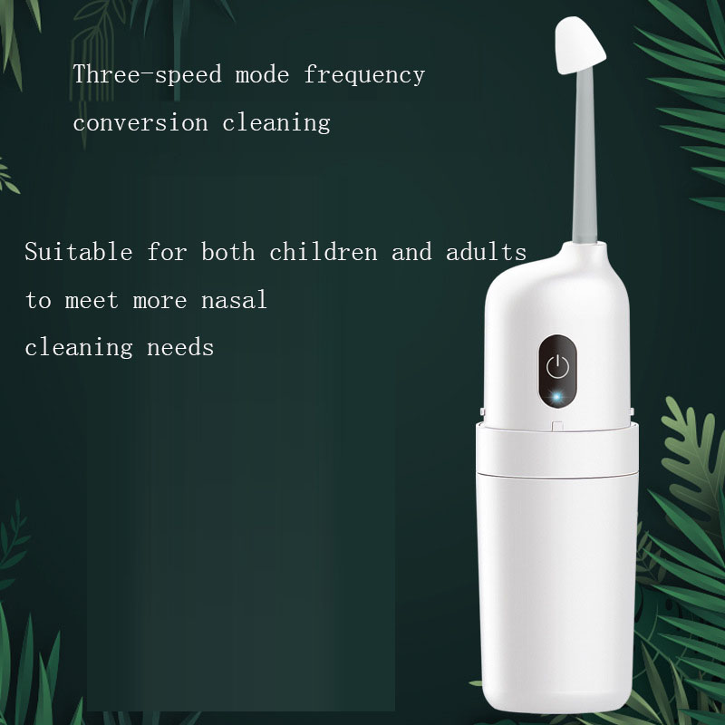 White nasal washer with on-screen feature labels: three-speed mode frequency conversion cleaning, suitable for children and adults