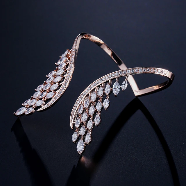 Crystal Angel Wing Open Cuff Bracelet for Women Fashion Feather Shape Adjustable Bracelets Bridal