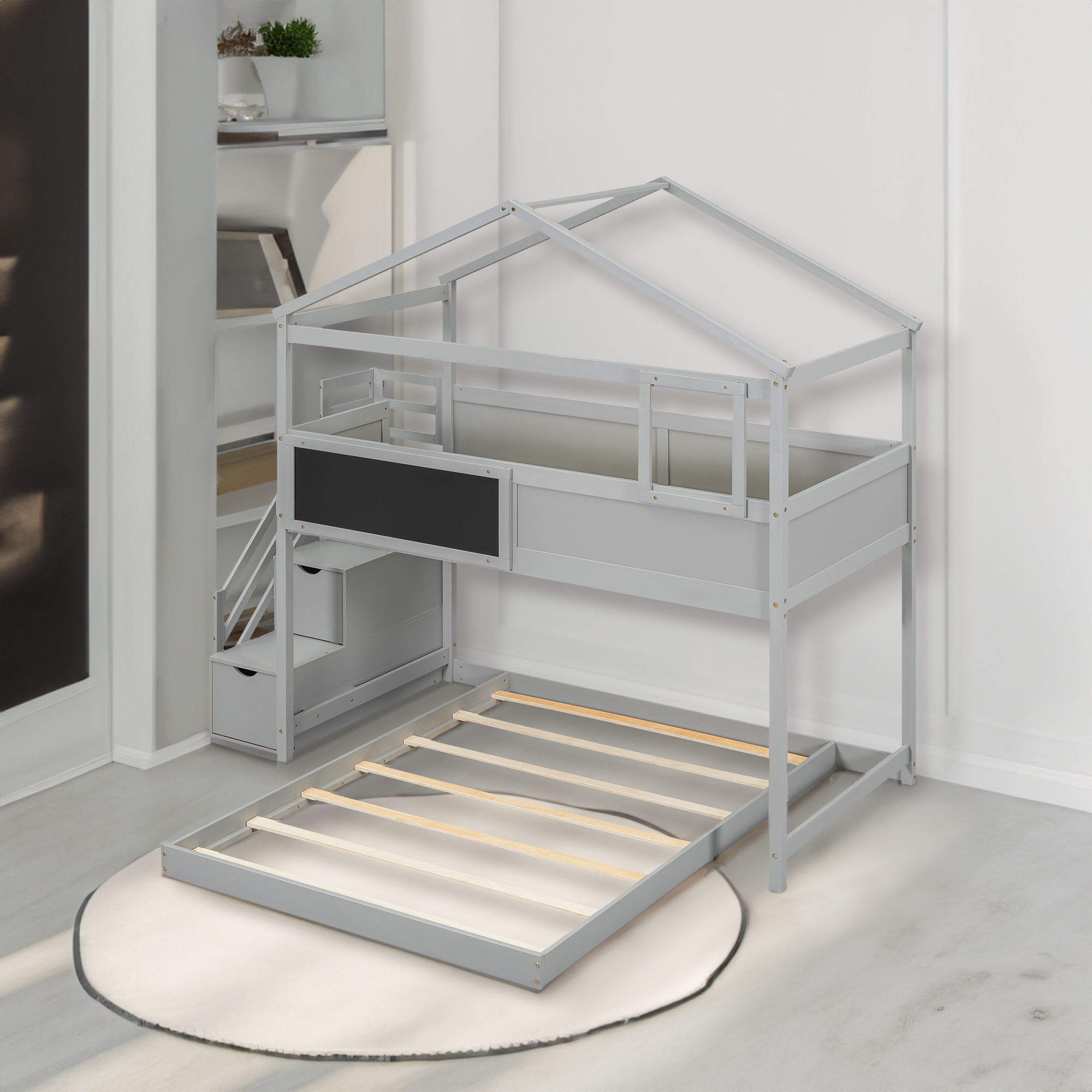 Twin over Full House Bunk Bed with Storage Staircase and Blackboard ...