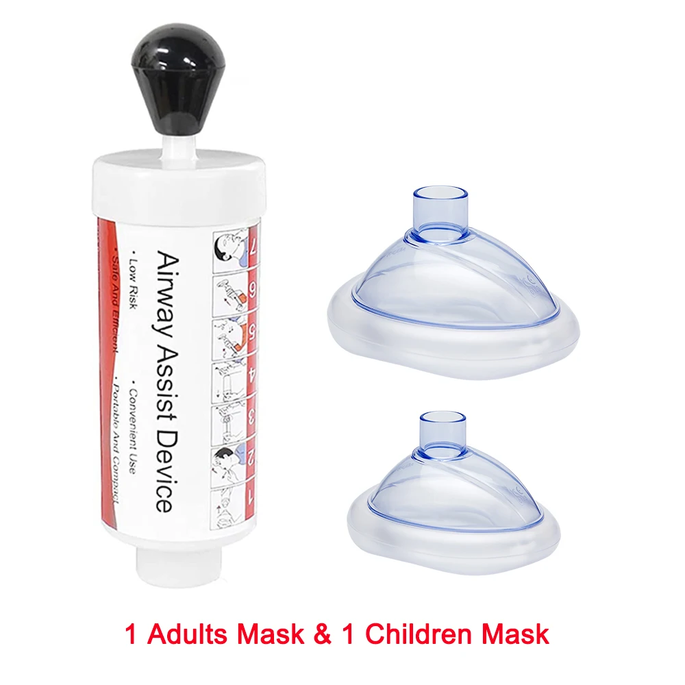 Complete airway assist device with adult and child silicone mask attachments on pastel-mint glass