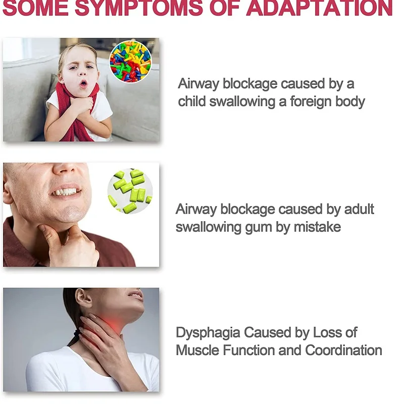 Illustrated scenarios of airway blockages: child with foreign object, adult accidental swallow, person with dysphagia