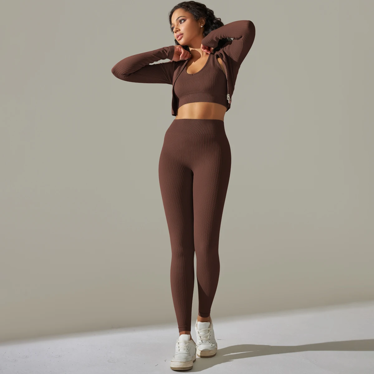 2pcs Yoga Set Women zippers Long Sleeve Crop Top+High Waist Yoga Pants Sports Suit Quick Dry Breathable Fitness Workout Set 12