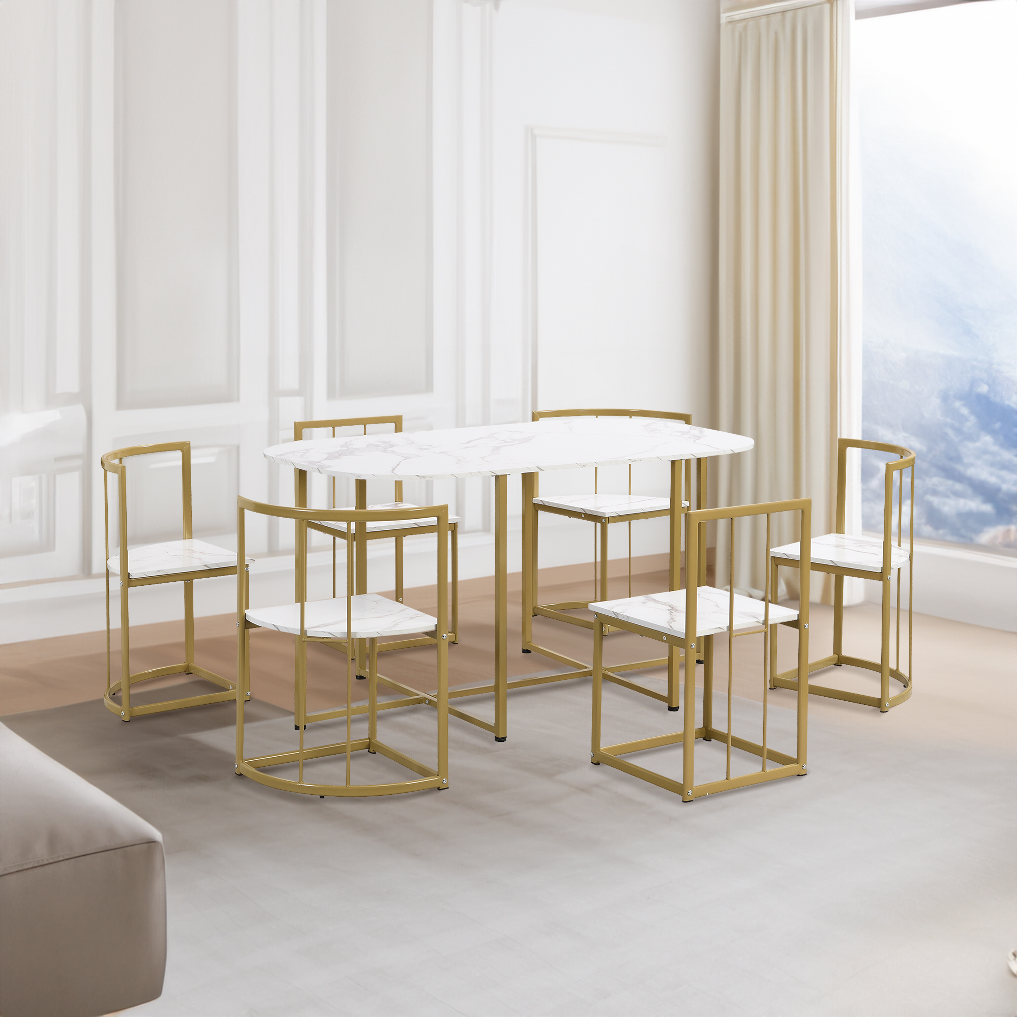 TOPMAX Modern 7-Piece Dining Table Set with Faux Marble Compact 55Inch ...