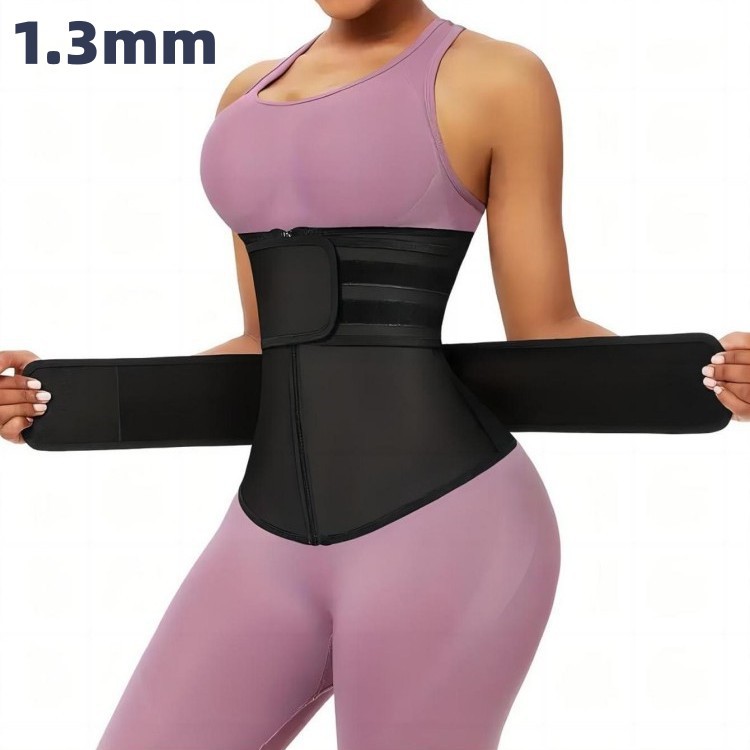 Woman wearing mauve sports bra and black waist trainer showing 1.3mm thickness specification