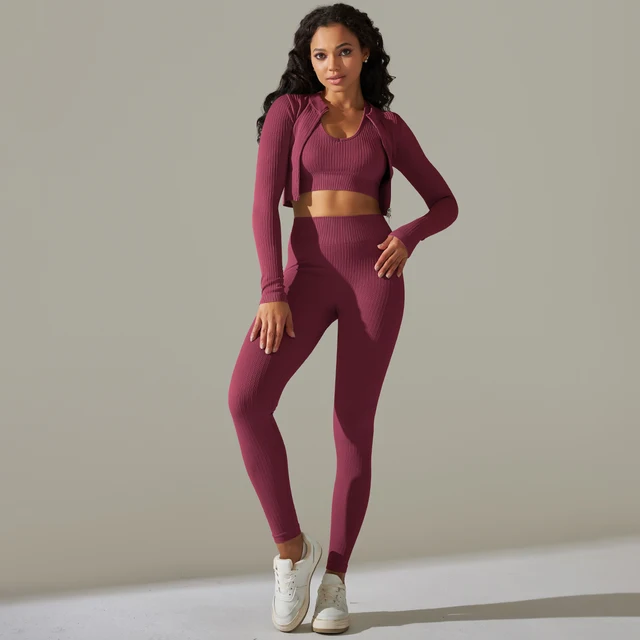 2pcs Yoga Set Women zippers Long Sleeve Crop Top+High Waist Yoga Pants Sports Suit Quick Dry Breathable Fitness Workout Set 10