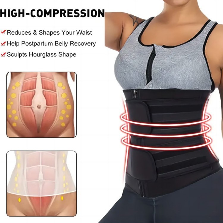 High‑compression marketing visual showing waist shaping benefits with anatomical muscle diagrams and red compression wave graphics