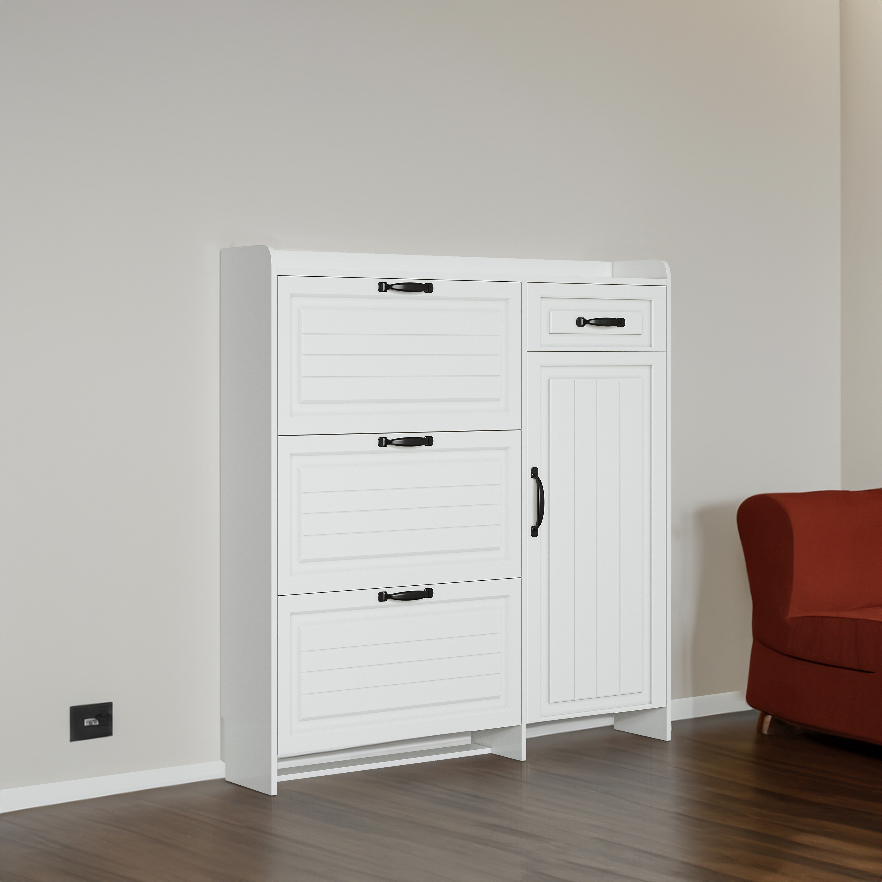 White color shoe cabinet with 4 doors 1 drawers,PVC door with shape,large space for storage