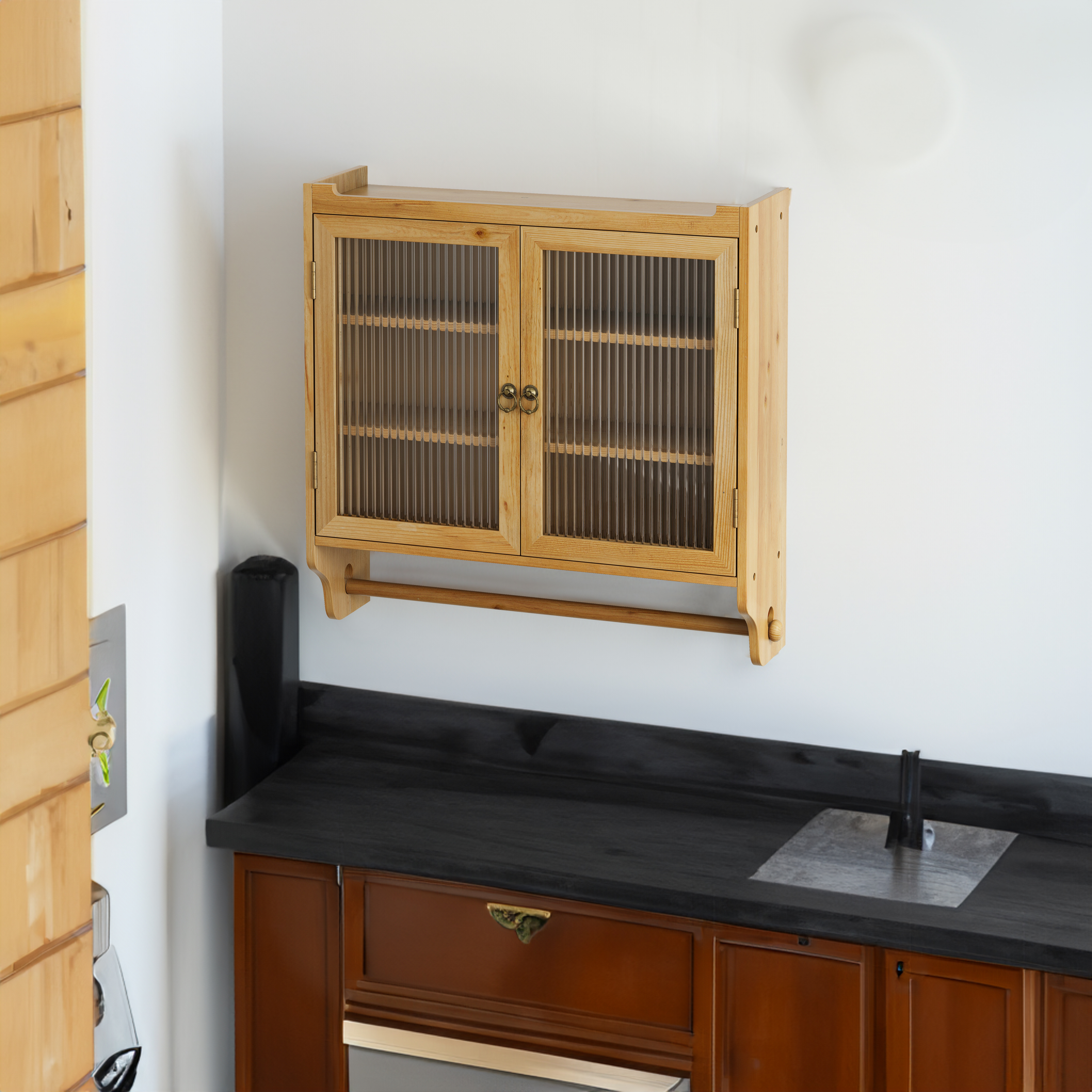 24.8 '' Glass door retro double door wall cabinet with three levels of storage space with towel rack, original wood color