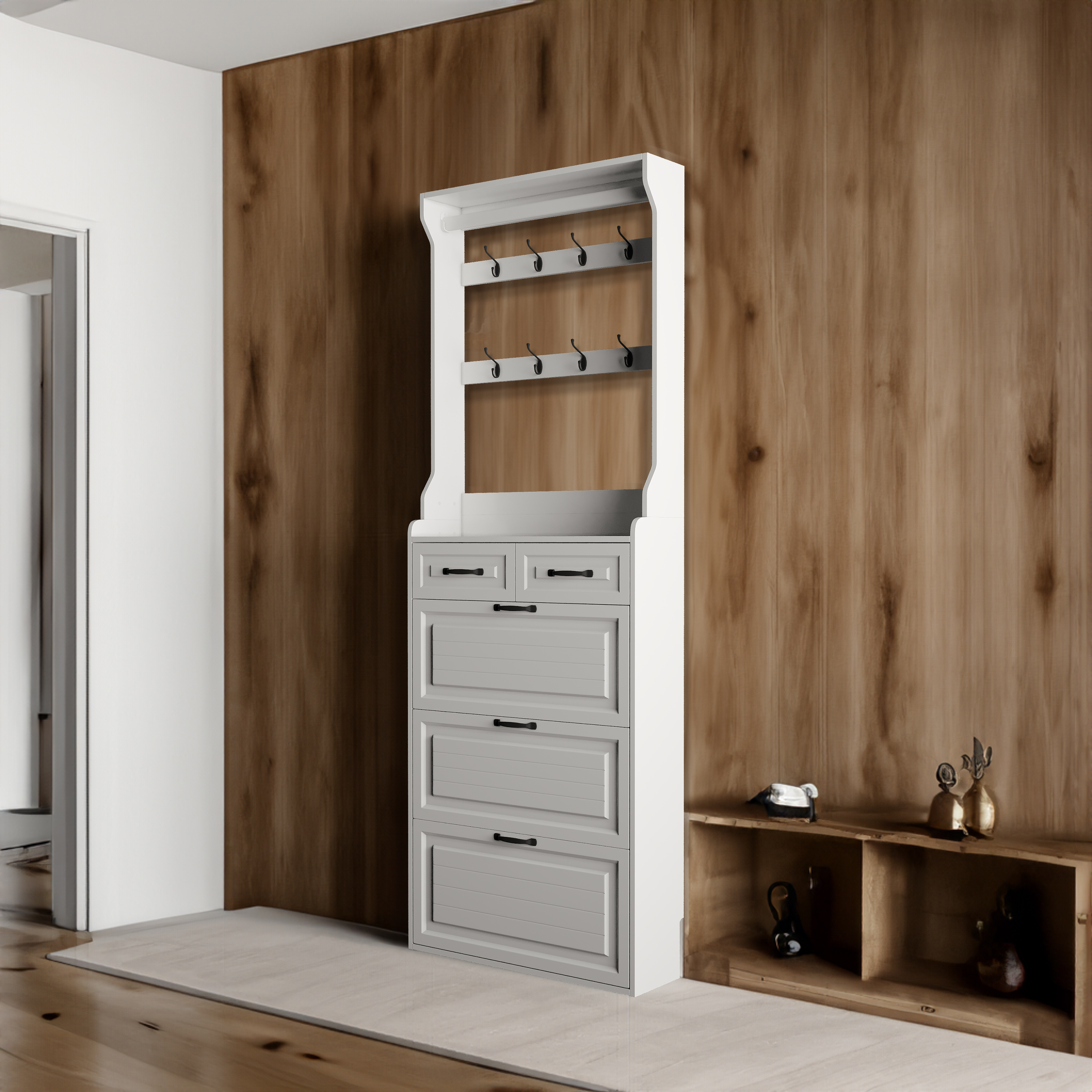 NEW White color shoe cabinet with 3 doors 2 drawers with hanger,PVC door with shape,large space for storage