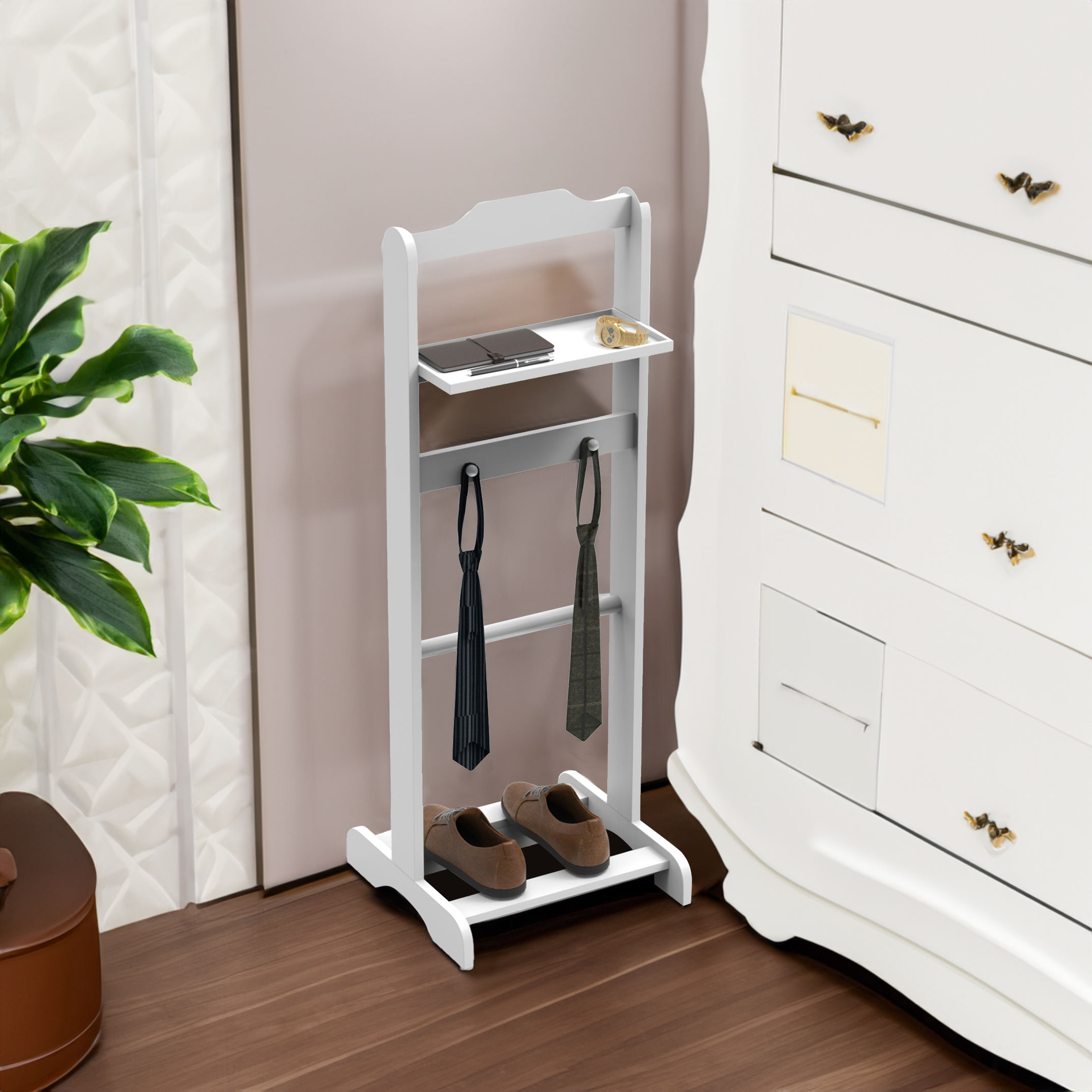 Accent Portable Garment Rack,Clothes Valet Stand with Storage Organizer,White Finish