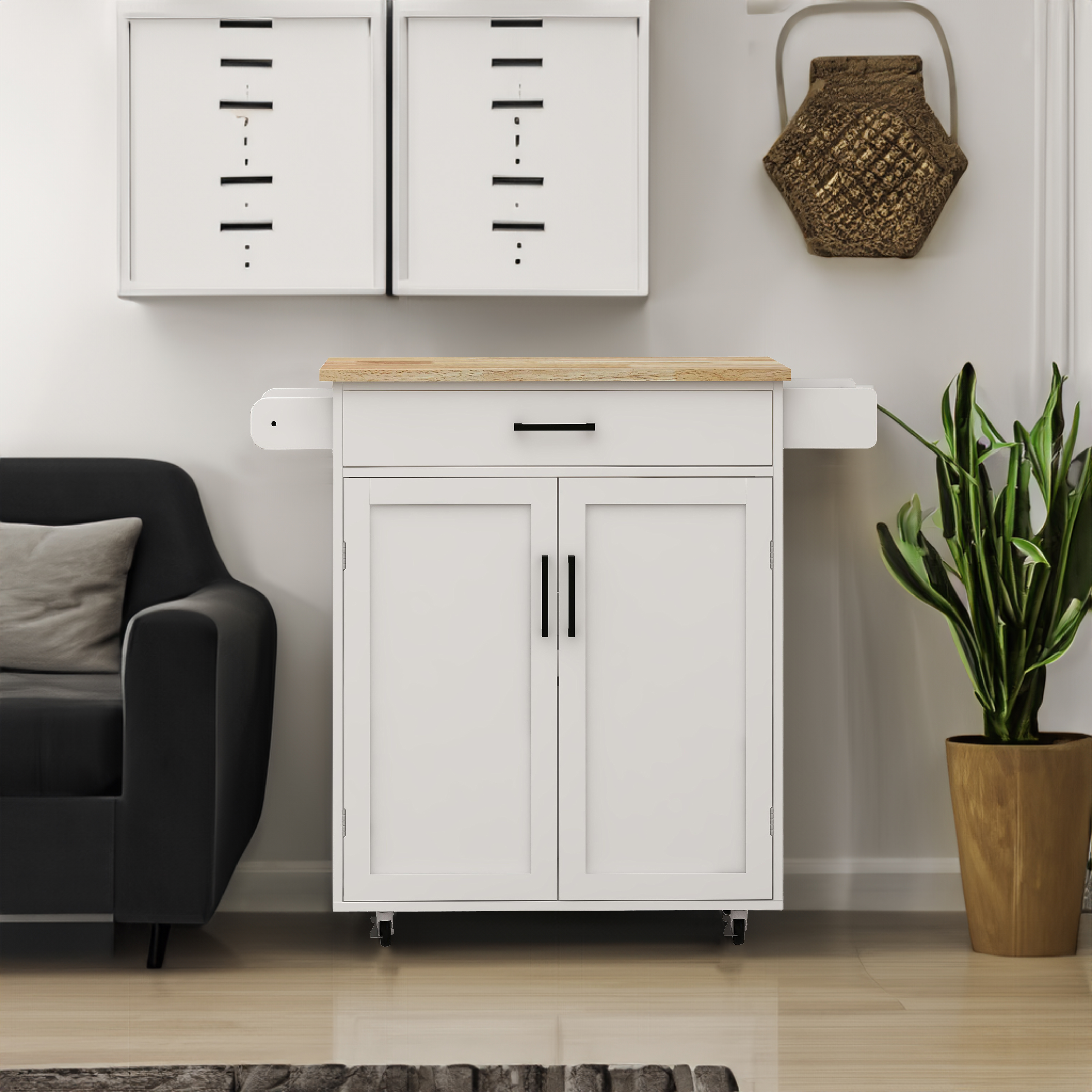 Kitchen island rolling trolley cart with 1 drawer & 2 doors with storage racks & Adjustable Shelves & towel rack