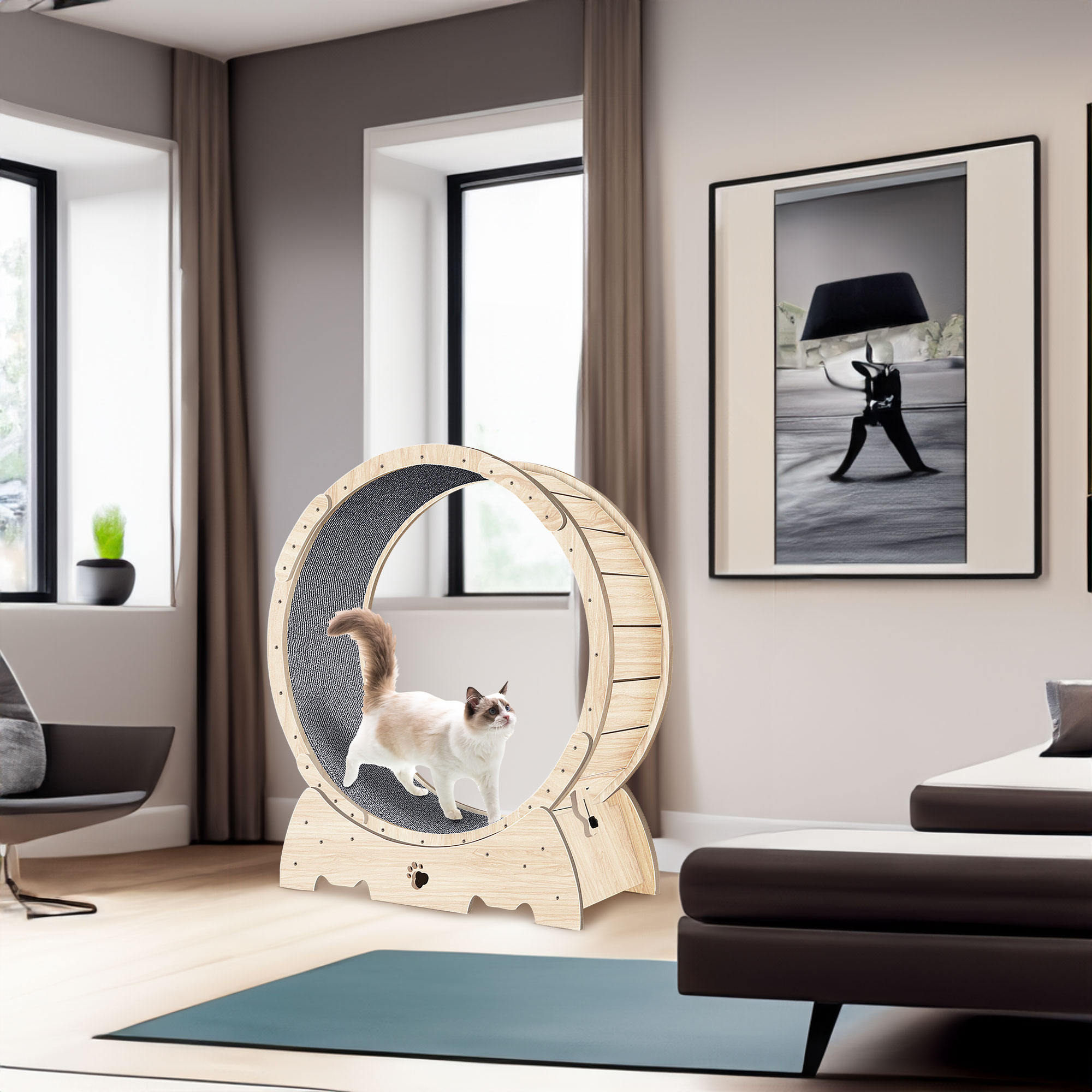 Natural wood cat wheel and freestanding support base