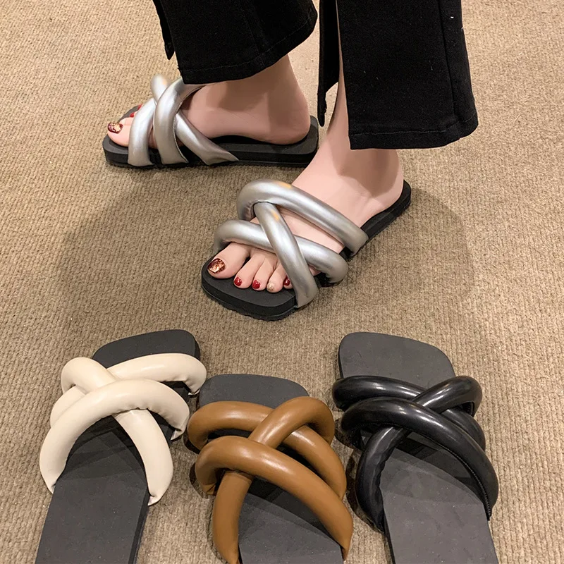 Brand Designer Slippers Summer Flat Slippers Non-slip Silver Flip-flop Slides Beach Black Platform Open-toe Sandals image 6