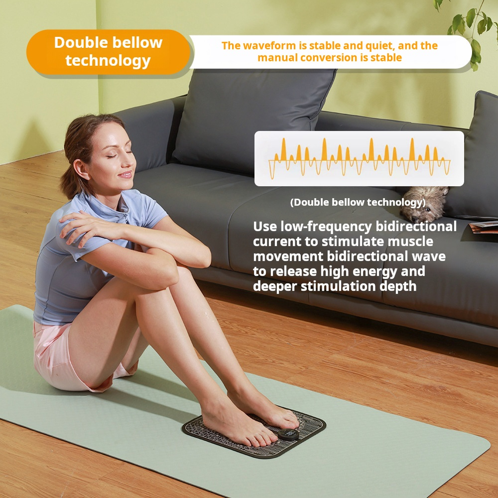 Woman sitting on couch using black foot pad with wireless remote control, waveform visualization showing double bellow technology