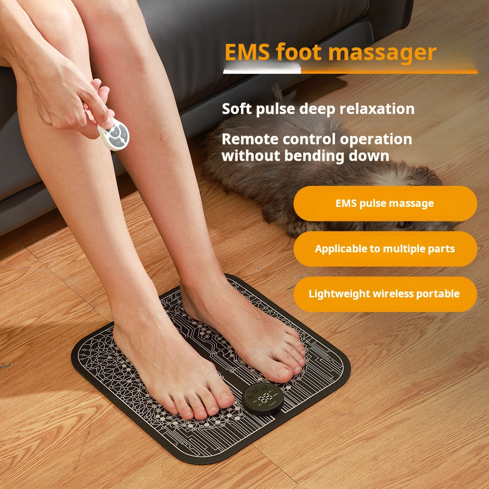 Close-up of handheld wireless remote control being held, black foot pad in use, highlighting soft pulse deep relaxation and portable lightweight design