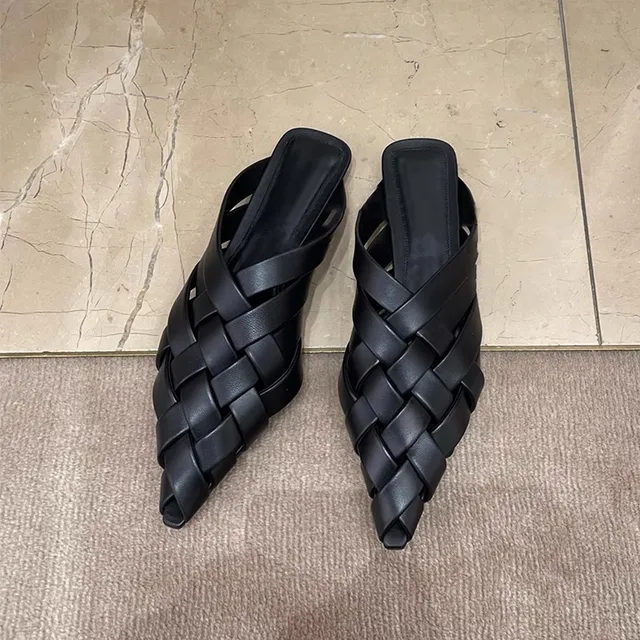 Women Slippers Pointed Toe Shallow Slip On Mules Shoes Black Summer Slides Slippers Flats Heeled Mules Shoes