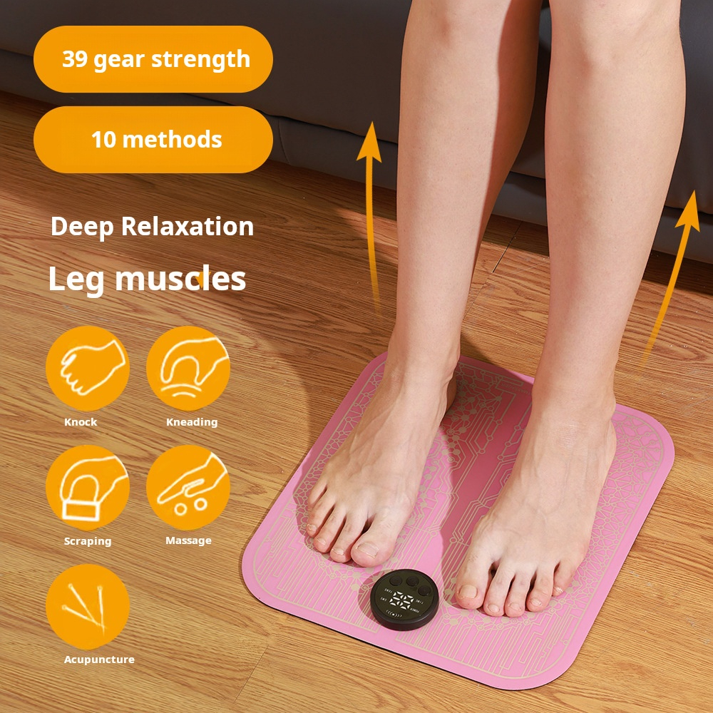 Pink variant foot pad in use with user standing, displaying 39 gear strength, 10 methods icons, and deep leg muscle relaxation benefits
