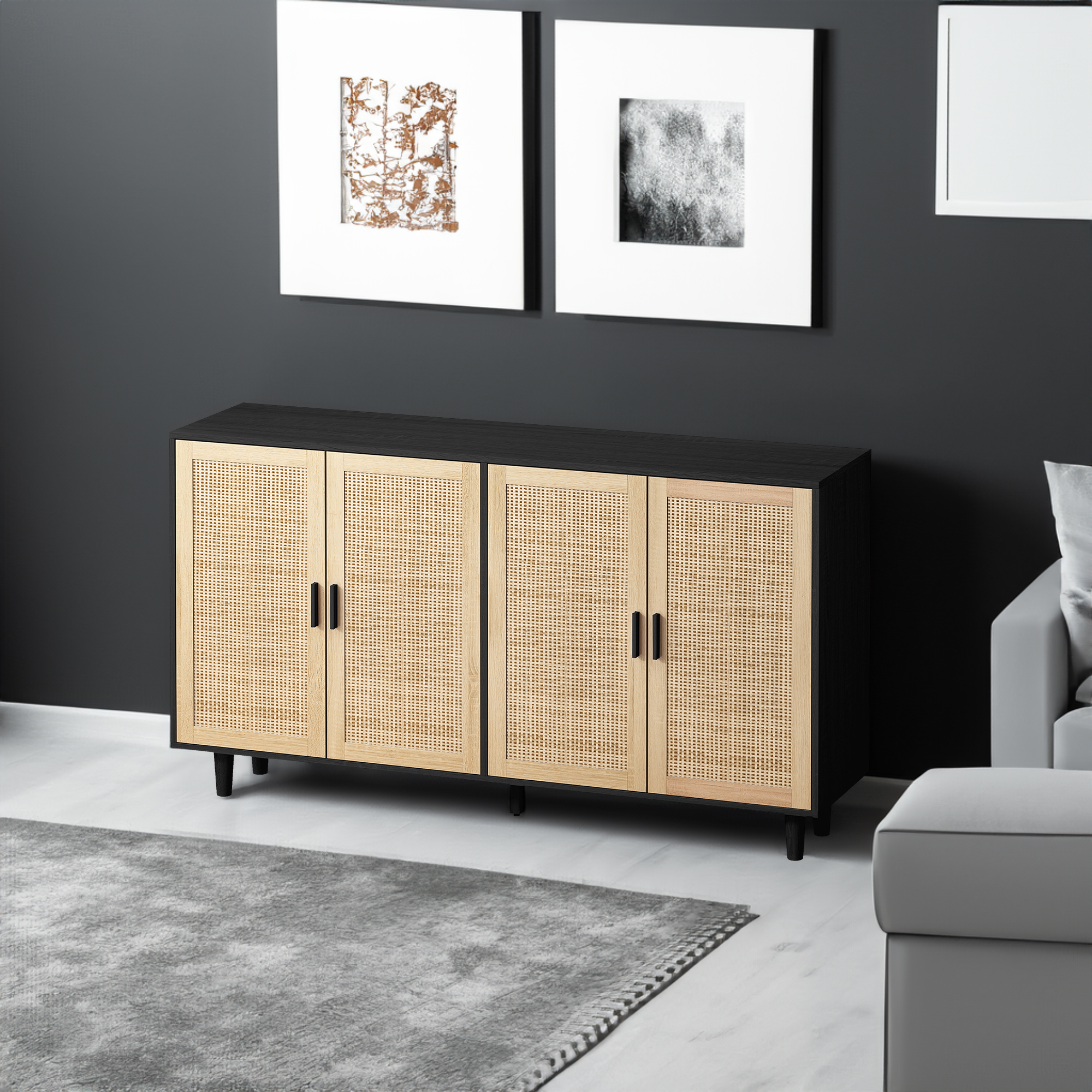 62.20"Elegant and Functional 4-Door Rattan Decorative Storage Cabinet,for Bedroom,Living Room,Office,Easy Assembly,Black
