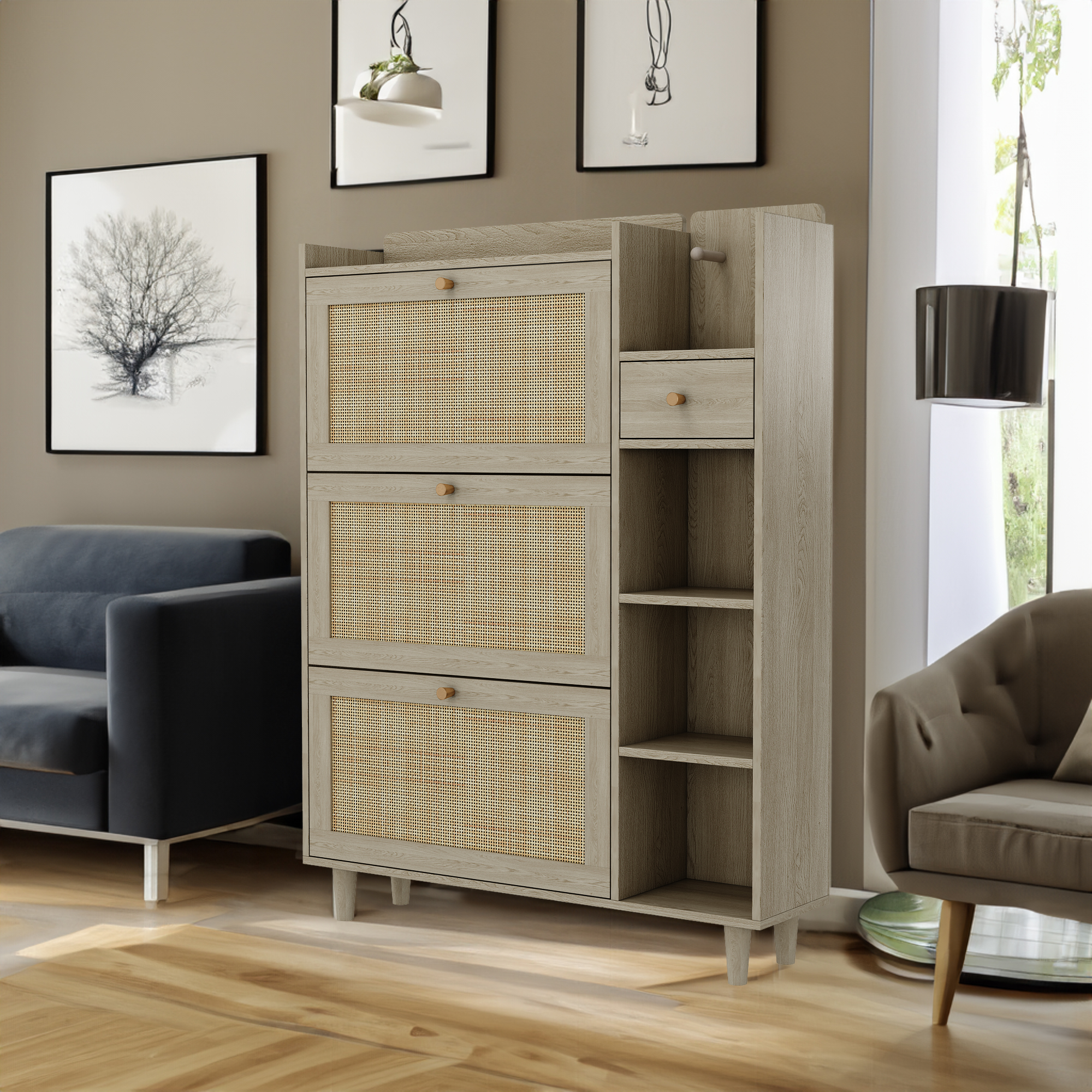 Natural Bohemian style shoe cabinet with 3 rattan flip drawers, 3 square shelves, and 1 storage drawer, Natural