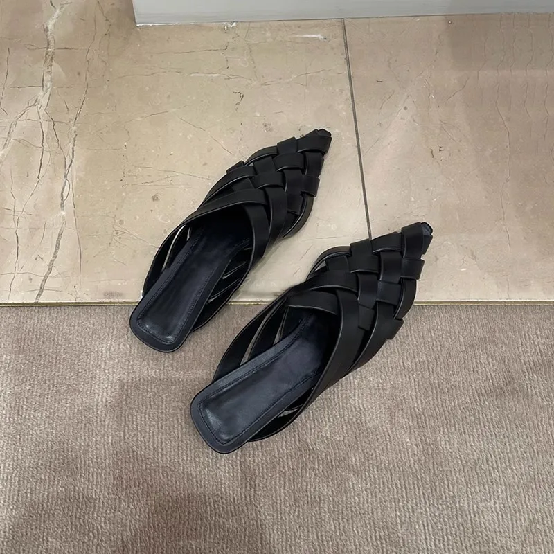 Women Slippers Pointed Toe Shallow Slip On Mules Shoes Black Summer Slides Slippers Flats Heeled Mules Shoes image 7