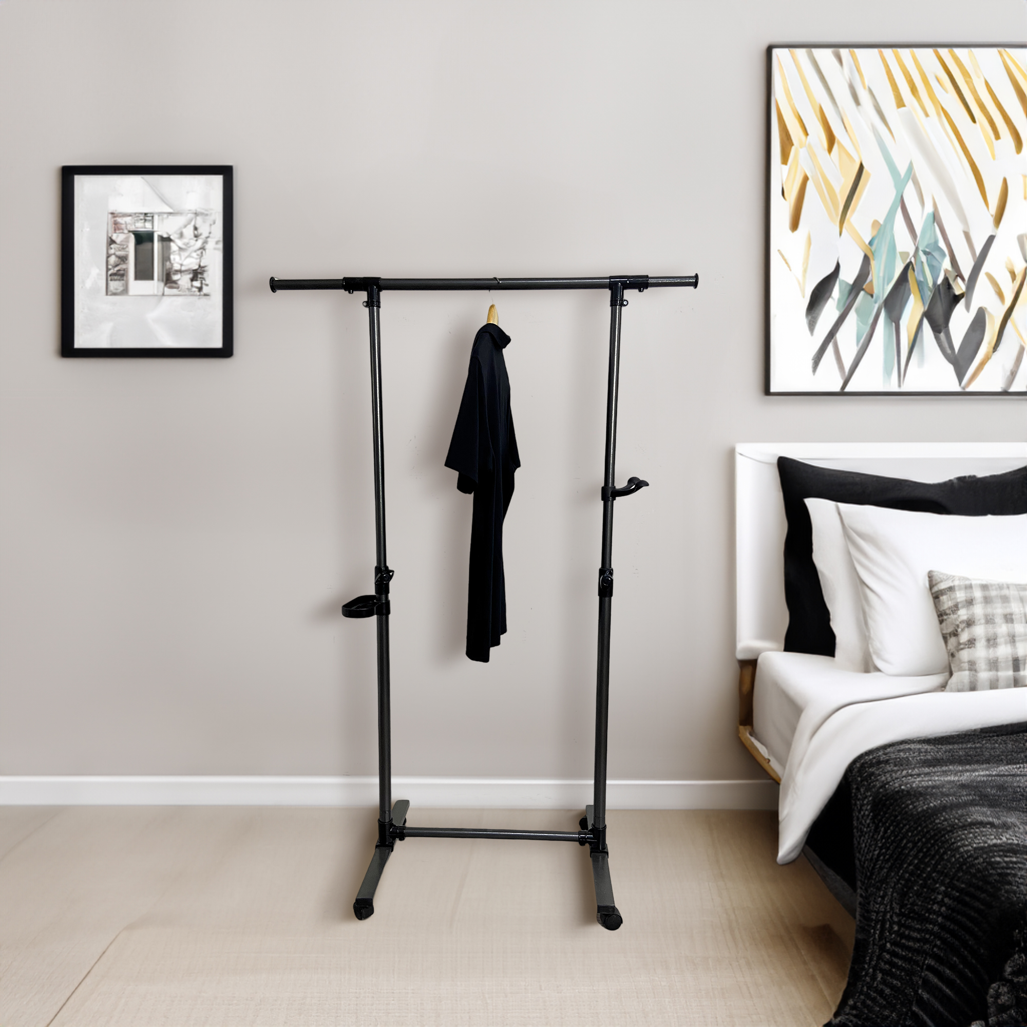 Short clothes hanger with chassis and wheels, heavy-duty rolling clothes hanger, black
