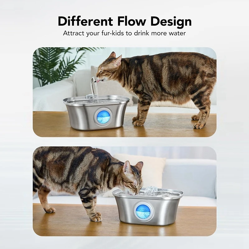 Cat drinking from stainless steel flowing water fountain