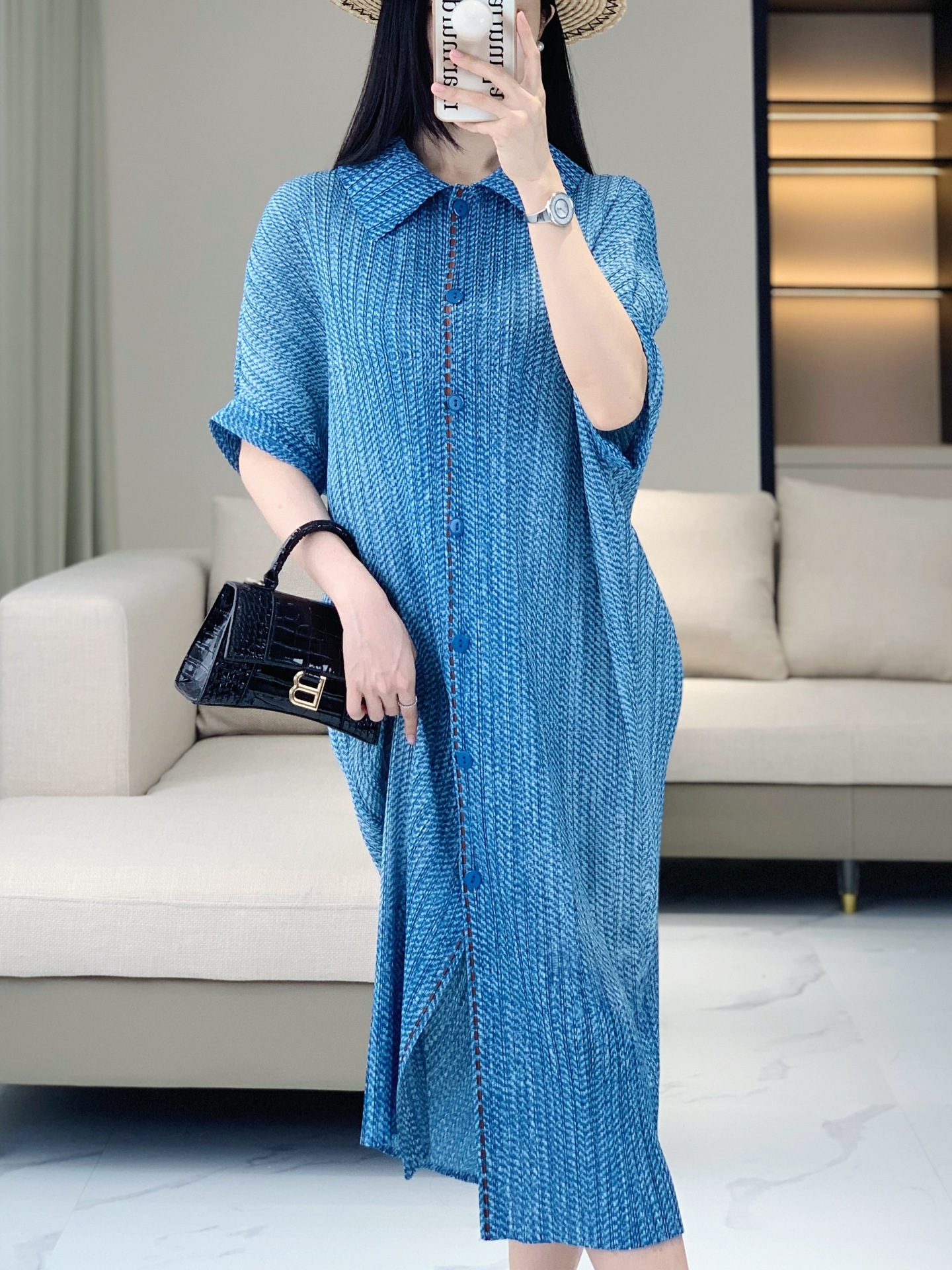 Casual loose dress women's summer solid color trend lapel button short sleeved pleated mid length