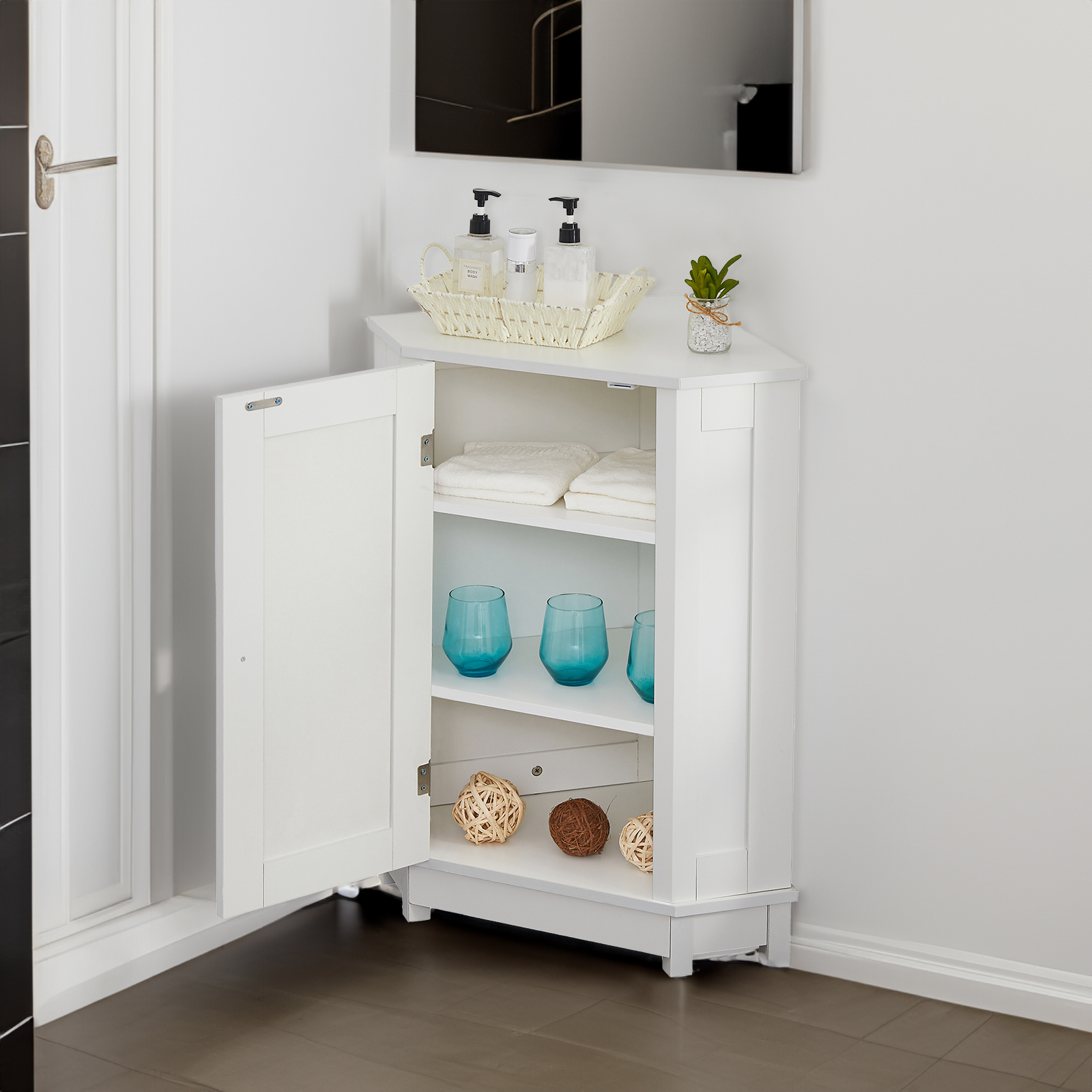 White Bathroom Cabinet Triangle Corner Storage Cabinet with Adjustable Shelf Modern Style MDF Board